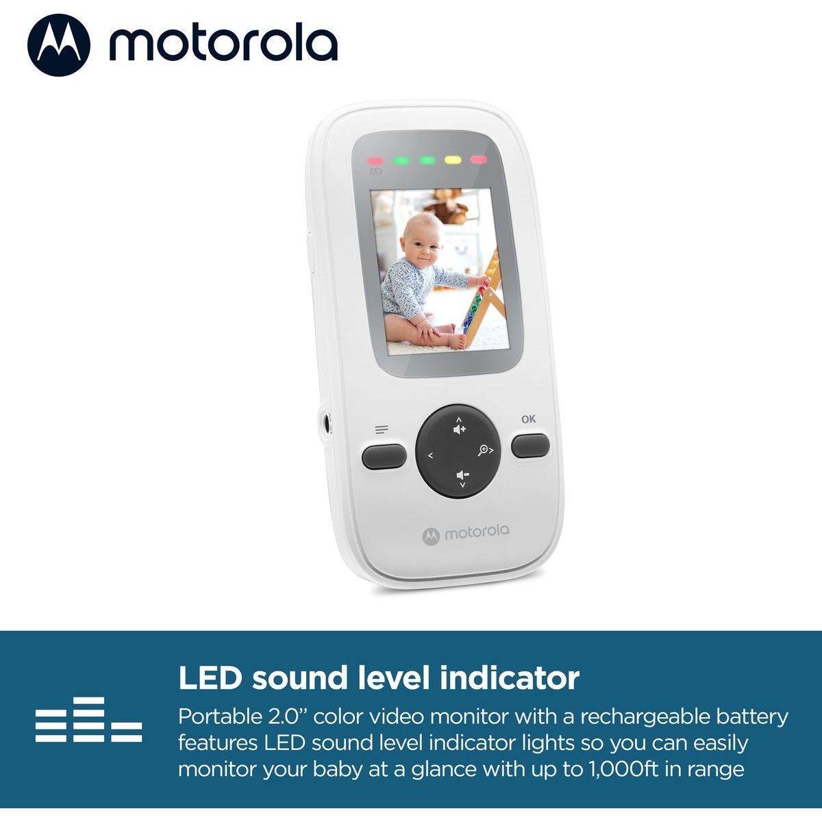 Motorola VM481 video babyfoon – baby monitor met camera – 2 inch kleurenscherm – infrarood nachtzicht – digitale zoom – draadloze babybewaking – bereik tot 300 meter – ouderunit met display – compacte babycamera set wit