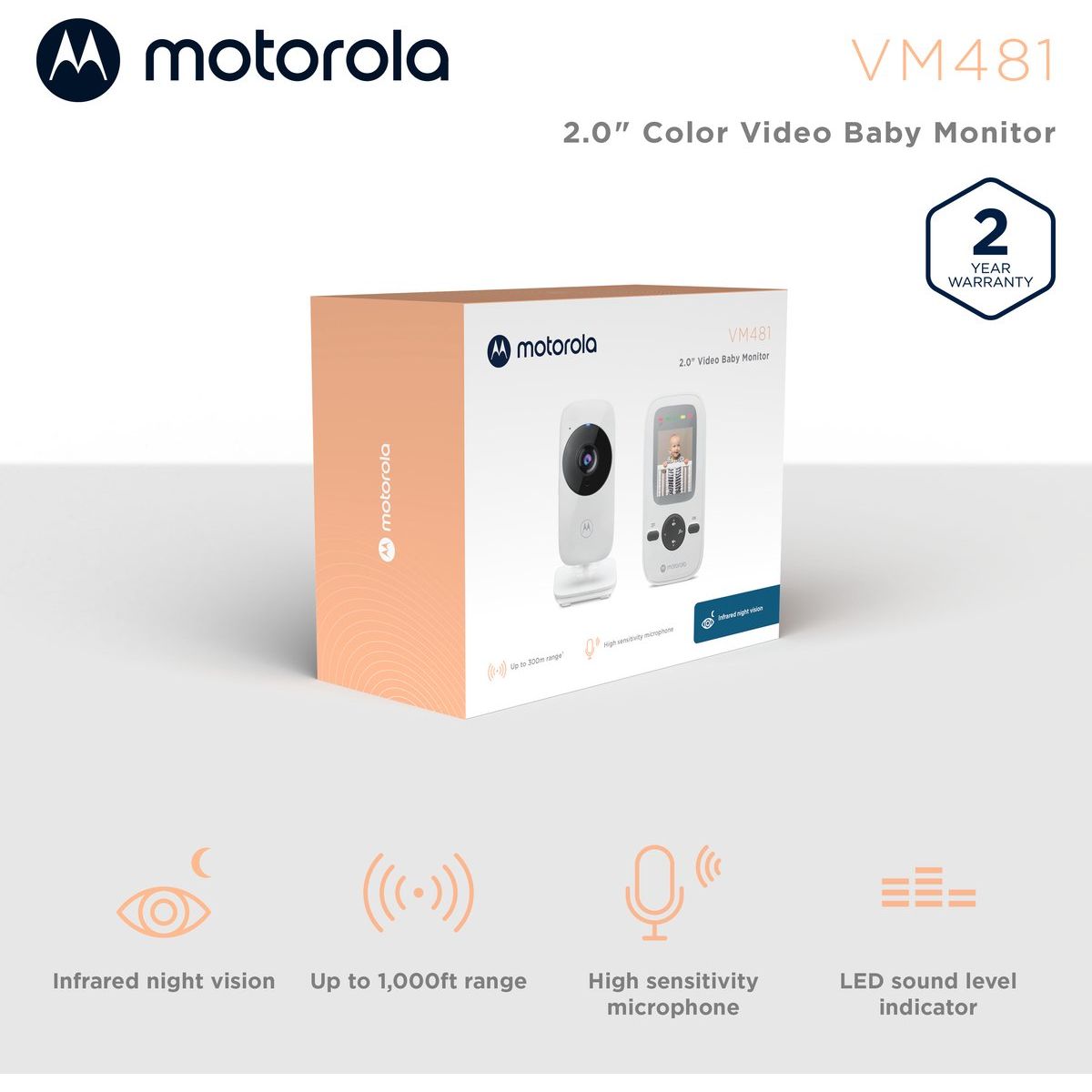 Motorola VM481 video babyfoon – baby monitor met camera – 2 inch kleurenscherm – infrarood nachtzicht – digitale zoom – draadloze babybewaking – bereik tot 300 meter – ouderunit met display – compacte babycamera set wit
