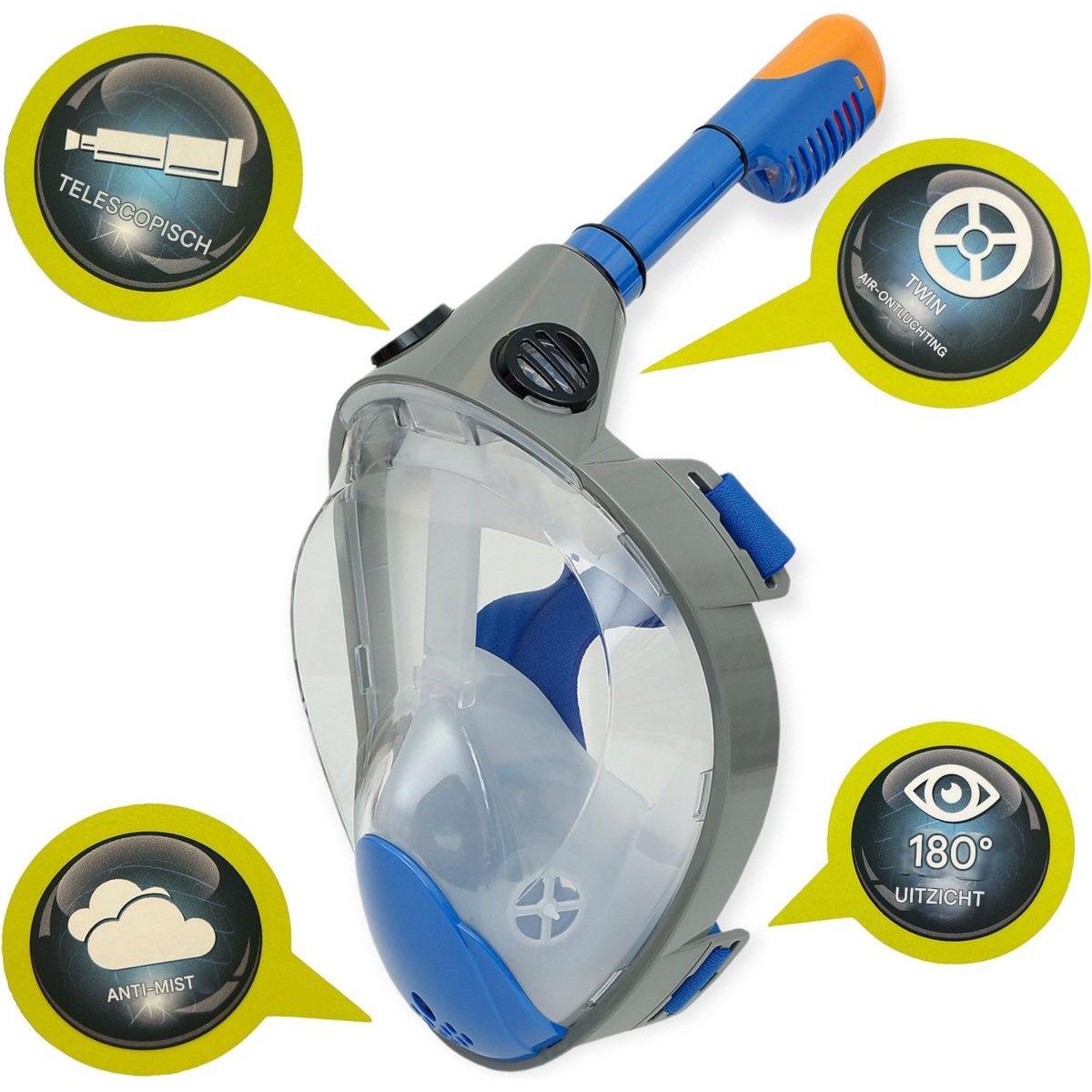 Snorkelmasker - Volledig Gezichtsontwerp - Maat L/XL - Grijs met Blauw - Anti-Fog - 180° Zichtveld - Duikmasker met Droog Top Systeem en Verstelbare Band voor Snorkelen in Zee of Zwembad