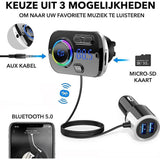 Bluetooth 5.0 FM-Transmitter voor Auto - Handsfree Carkit met Snelladen PD3.0 & QC3.0, AUX-uitgang, TF-kaartondersteuning en LED-Sfeerverlichting - Ideaal voor Slimme Autoconnectiviteit