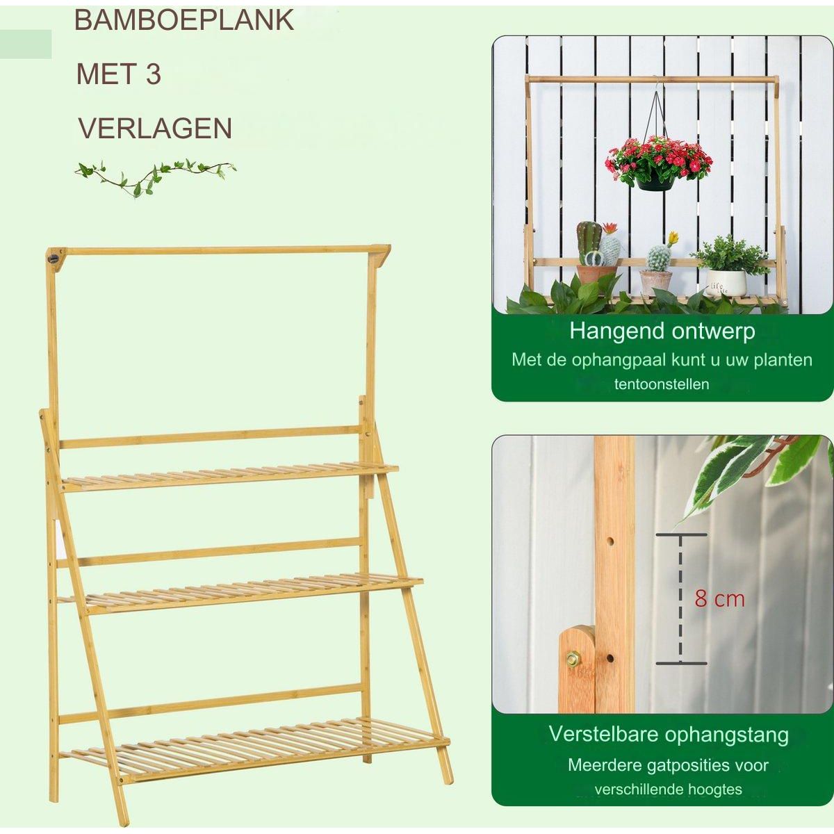 Bamboe Plantenrek – 3-Laags Opvouwbare Plantenstandaard – Plantentrap met Ophangrek – Bloementrap voor Binnen & Buiten – Houten Plantenhouder – Decoratief Bloemenrek – 100 x 40 x 96 cm – Inclusief Tuingereedschap & Haken – Ruimtebesparend & Stevig