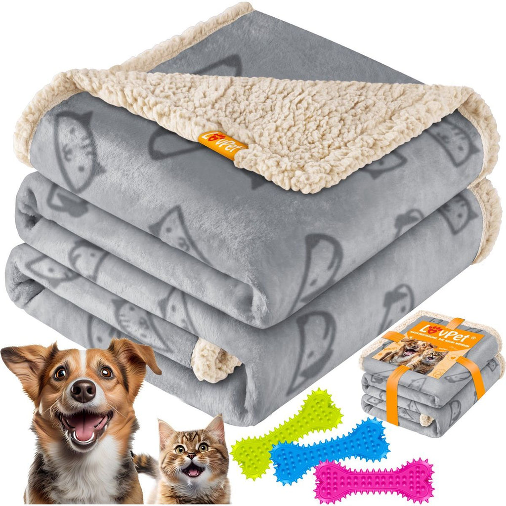 Waterdichte Huisdierdeken – Hondendeken – Kattenplaid – Sherpa Fleece – Dubbelzijdige Beschermhoes – Bankdeken – Machinewasbaar – Sofa Cover voor Hond en Kat – Inclusief 3x Speelbotten – 73 x 101 cm – Grijs – Maat M