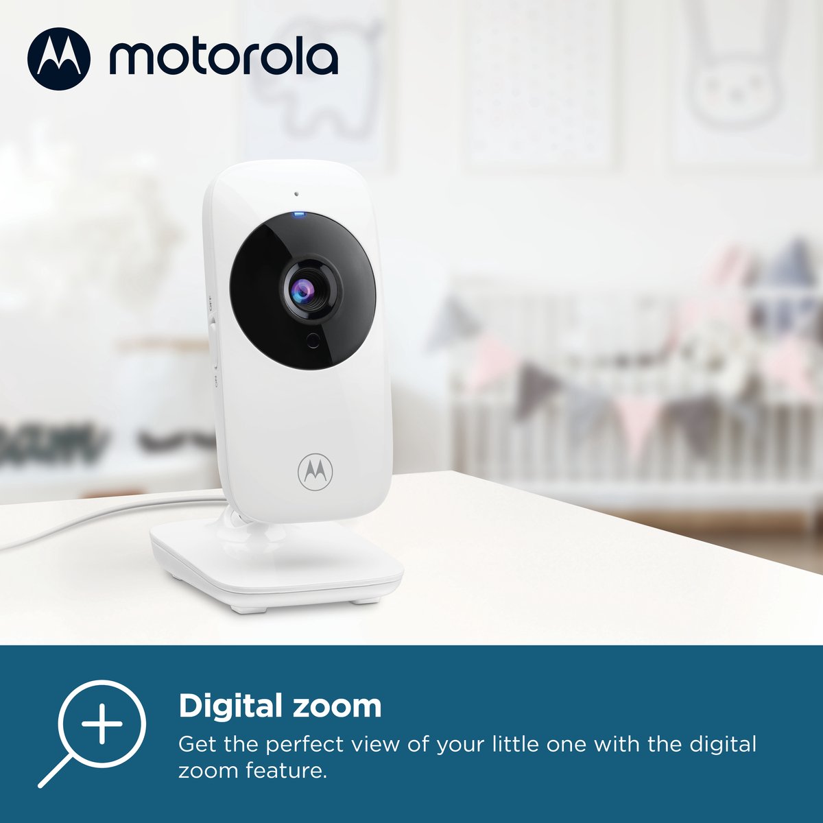 Motorola VM481 video babyfoon – baby monitor met camera – 2 inch kleurenscherm – infrarood nachtzicht – digitale zoom – draadloze babybewaking – bereik tot 300 meter – ouderunit met display – compacte babycamera set wit