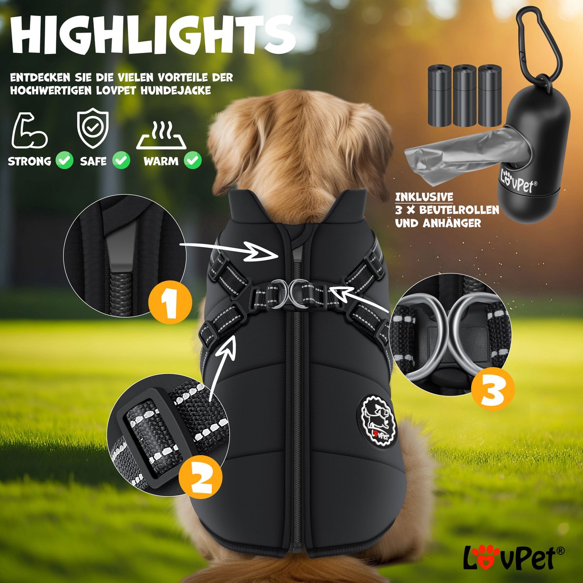 Hondenjas M – Hondenvest Met Harnas – Gewatteerde Winterjas Voor Honden – Waterdicht Gevoerd Vest – Met Reflecterende Strepen – D-Ring – Inclusief 45 Poepzakjes Met Dispenser – Warme Hondenvacht Voor Koud Weer – Zwart