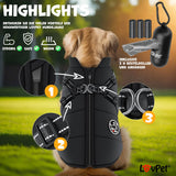Hondenjas M – Hondenvest Met Harnas – Gewatteerde Winterjas Voor Honden – Waterdicht Gevoerd Vest – Met Reflecterende Strepen – D-Ring – Inclusief 45 Poepzakjes Met Dispenser – Warme Hondenvacht Voor Koud Weer – Zwart