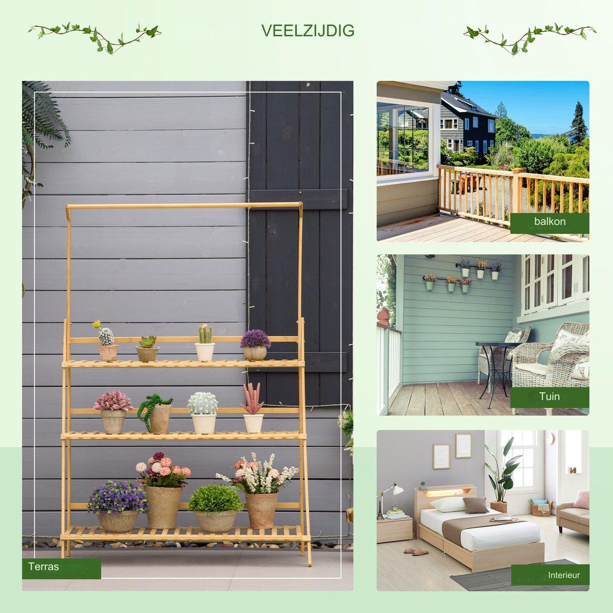 Bamboe Plantenrek – 3-Laags Opvouwbare Plantenstandaard – Plantentrap met Ophangrek – Bloementrap voor Binnen & Buiten – Houten Plantenhouder – Decoratief Bloemenrek – 100 x 40 x 96 cm – Inclusief Tuingereedschap & Haken – Ruimtebesparend & Stevig