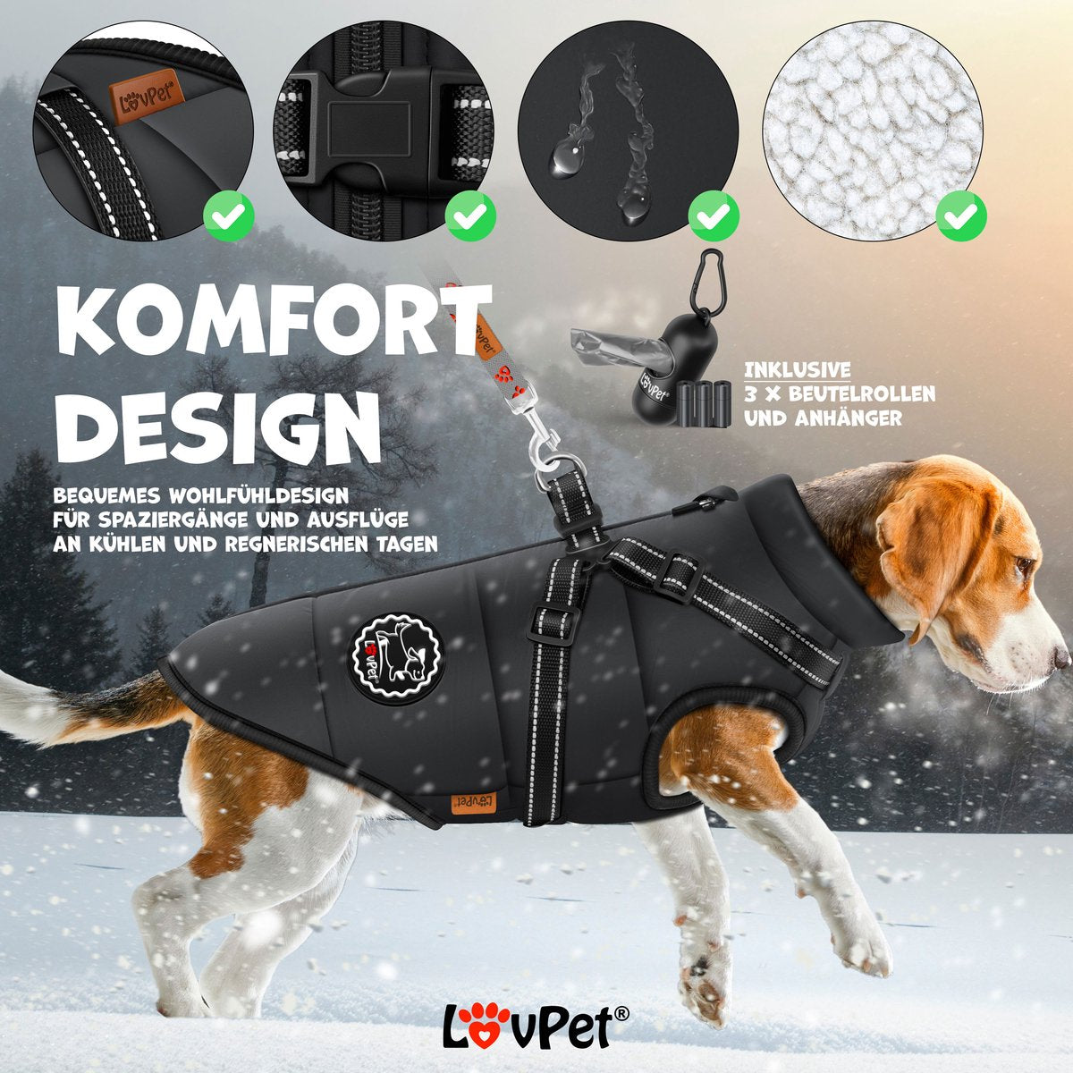 Hondenjas M – Hondenvest Met Harnas – Gewatteerde Winterjas Voor Honden – Waterdicht Gevoerd Vest – Met Reflecterende Strepen – D-Ring – Inclusief 45 Poepzakjes Met Dispenser – Warme Hondenvacht Voor Koud Weer – Zwart
