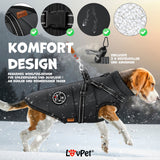 Hondenjas M – Hondenvest Met Harnas – Gewatteerde Winterjas Voor Honden – Waterdicht Gevoerd Vest – Met Reflecterende Strepen – D-Ring – Inclusief 45 Poepzakjes Met Dispenser – Warme Hondenvacht Voor Koud Weer – Zwart