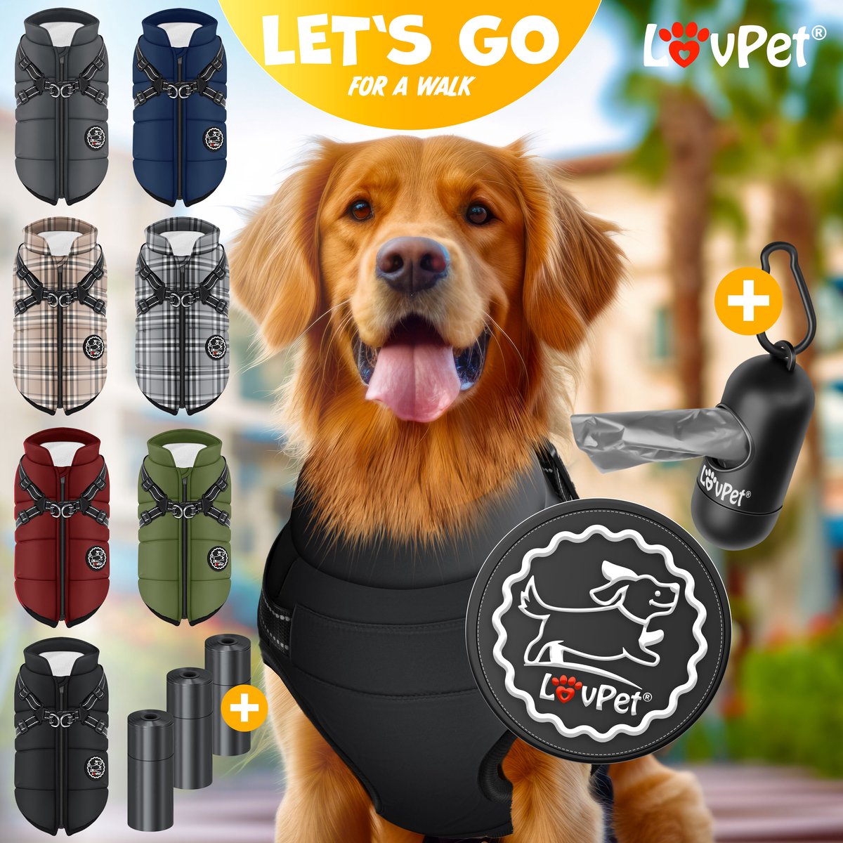 Hondenjas M – Hondenvest Met Harnas – Gewatteerde Winterjas Voor Honden – Waterdicht Gevoerd Vest – Met Reflecterende Strepen – D-Ring – Inclusief 45 Poepzakjes Met Dispenser – Warme Hondenvacht Voor Koud Weer – Zwart