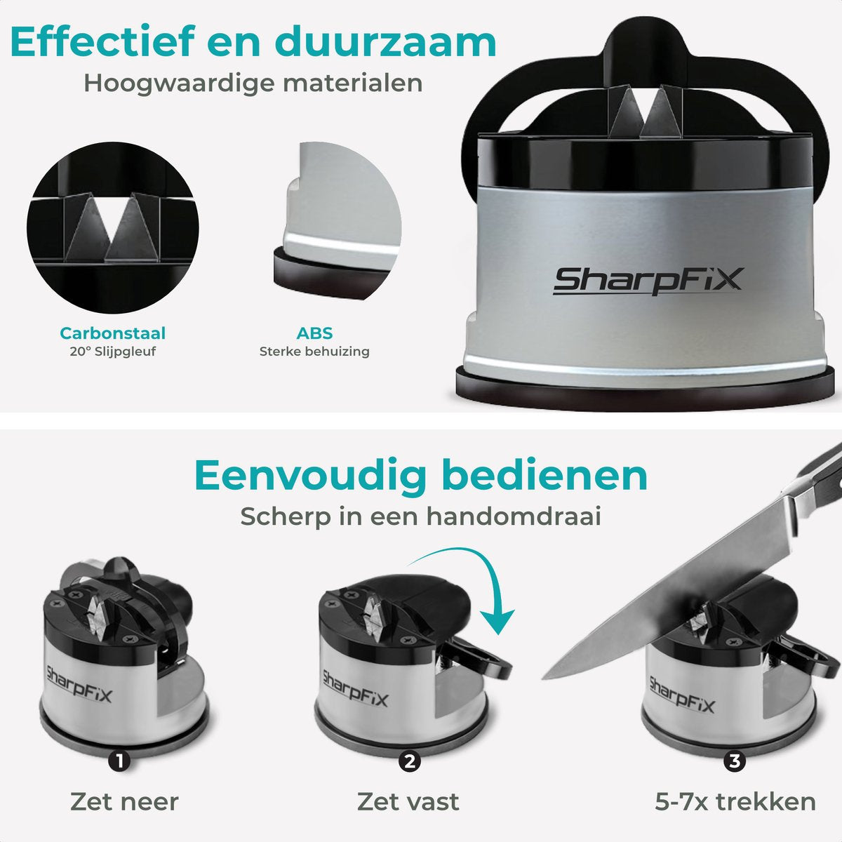 Sharpfix Messenslijper - Zuignap Slijper - H1313B - Keukenslijper met Zuigvoet - Handmatige Messenscherper - Zilver - Compact Slijpapparaat voor Messen en Keukenhulpmiddelen