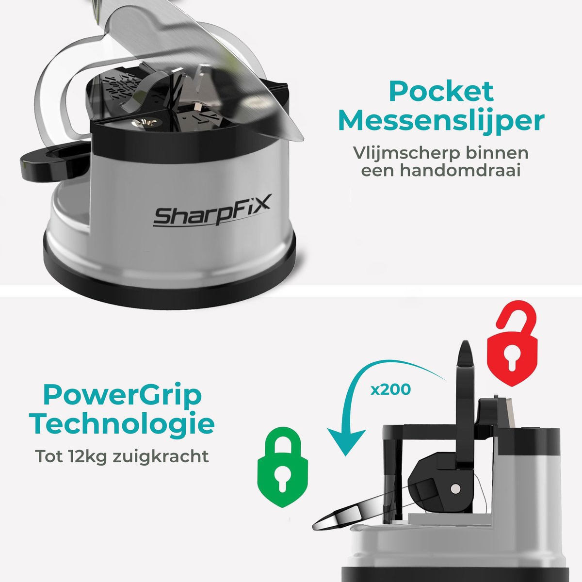 Sharpfix Messenslijper - Zuignap Slijper - H1313B - Keukenslijper met Zuigvoet - Handmatige Messenscherper - Zilver - Compact Slijpapparaat voor Messen en Keukenhulpmiddelen