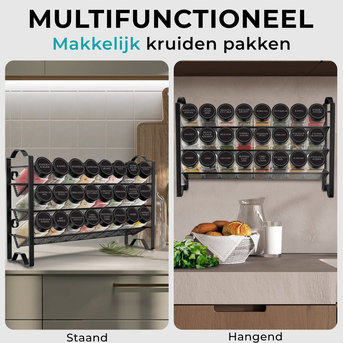 2 Stuks - Wandrek Kruidenrek – Staand of Hangend Kruidenrek – 8 Lagen – Ruimte voor 24 Potjes – Metaal – Zwart – Keuken Organizer voor Specerijen en Kruiden – Kruidenhouder voor Wand of Kastdeur – Industrieel Design