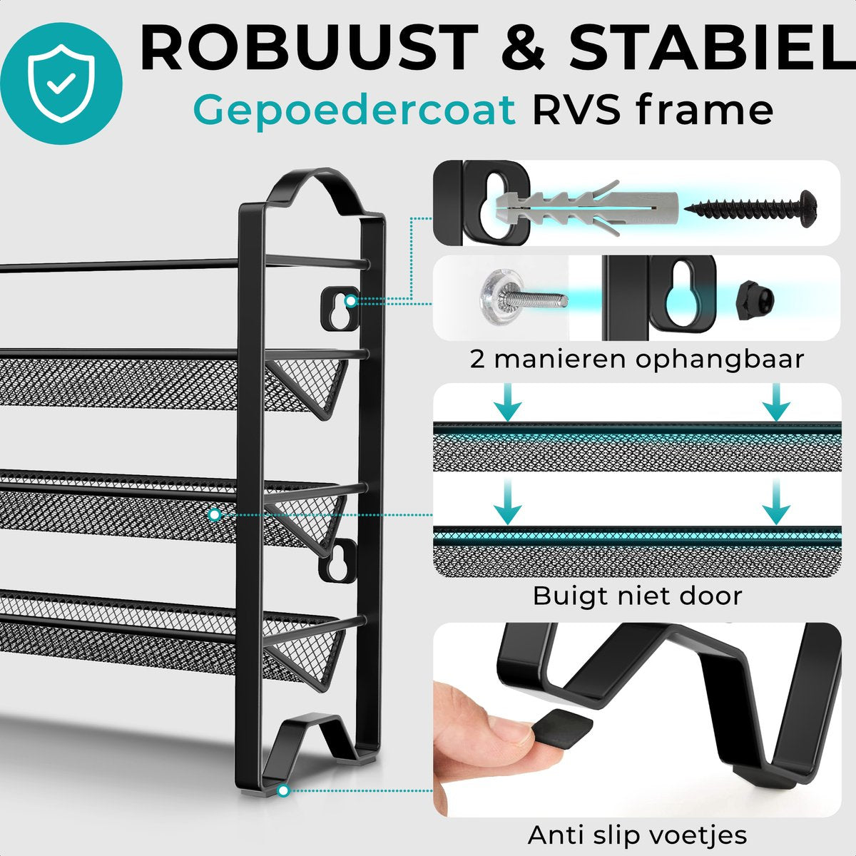 2 Stuks - Wandrek Kruidenrek – Staand of Hangend Kruidenrek – 8 Lagen – Ruimte voor 24 Potjes – Metaal – Zwart – Keuken Organizer voor Specerijen en Kruiden – Kruidenhouder voor Wand of Kastdeur – Industrieel Design