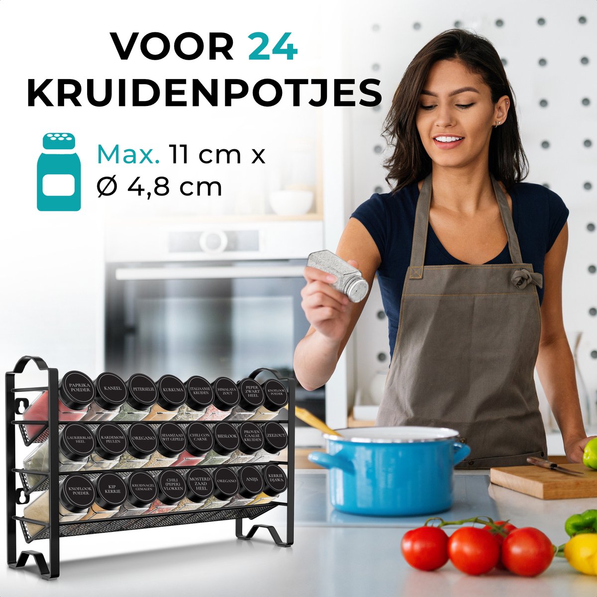 2 Stuks - Wandrek Kruidenrek – Staand of Hangend Kruidenrek – 8 Lagen – Ruimte voor 24 Potjes – Metaal – Zwart – Keuken Organizer voor Specerijen en Kruiden – Kruidenhouder voor Wand of Kastdeur – Industrieel Design