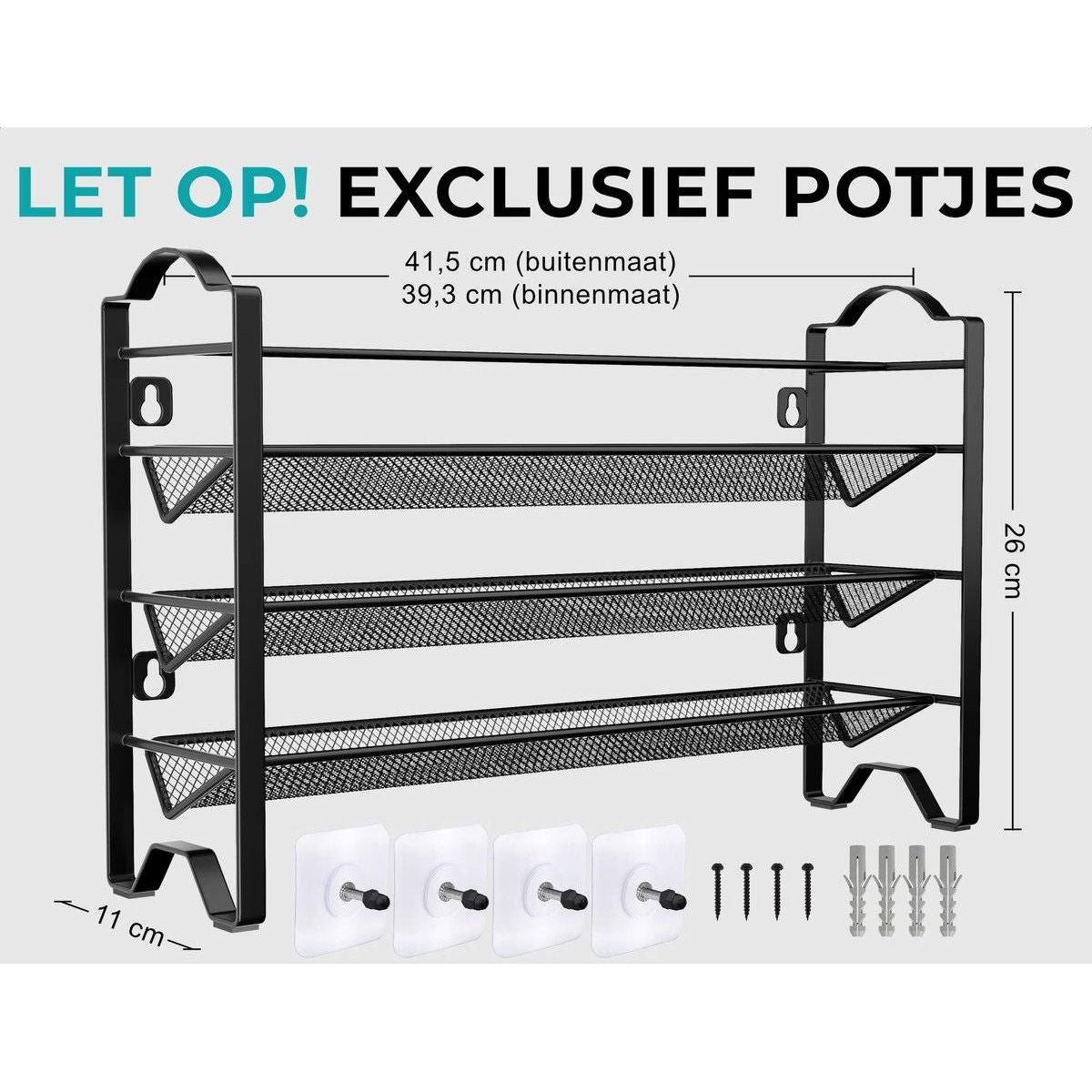 2 Stuks - Wandrek Kruidenrek – Staand of Hangend Kruidenrek – 8 Lagen – Ruimte voor 24 Potjes – Metaal – Zwart – Keuken Organizer voor Specerijen en Kruiden – Kruidenhouder voor Wand of Kastdeur – Industrieel Design