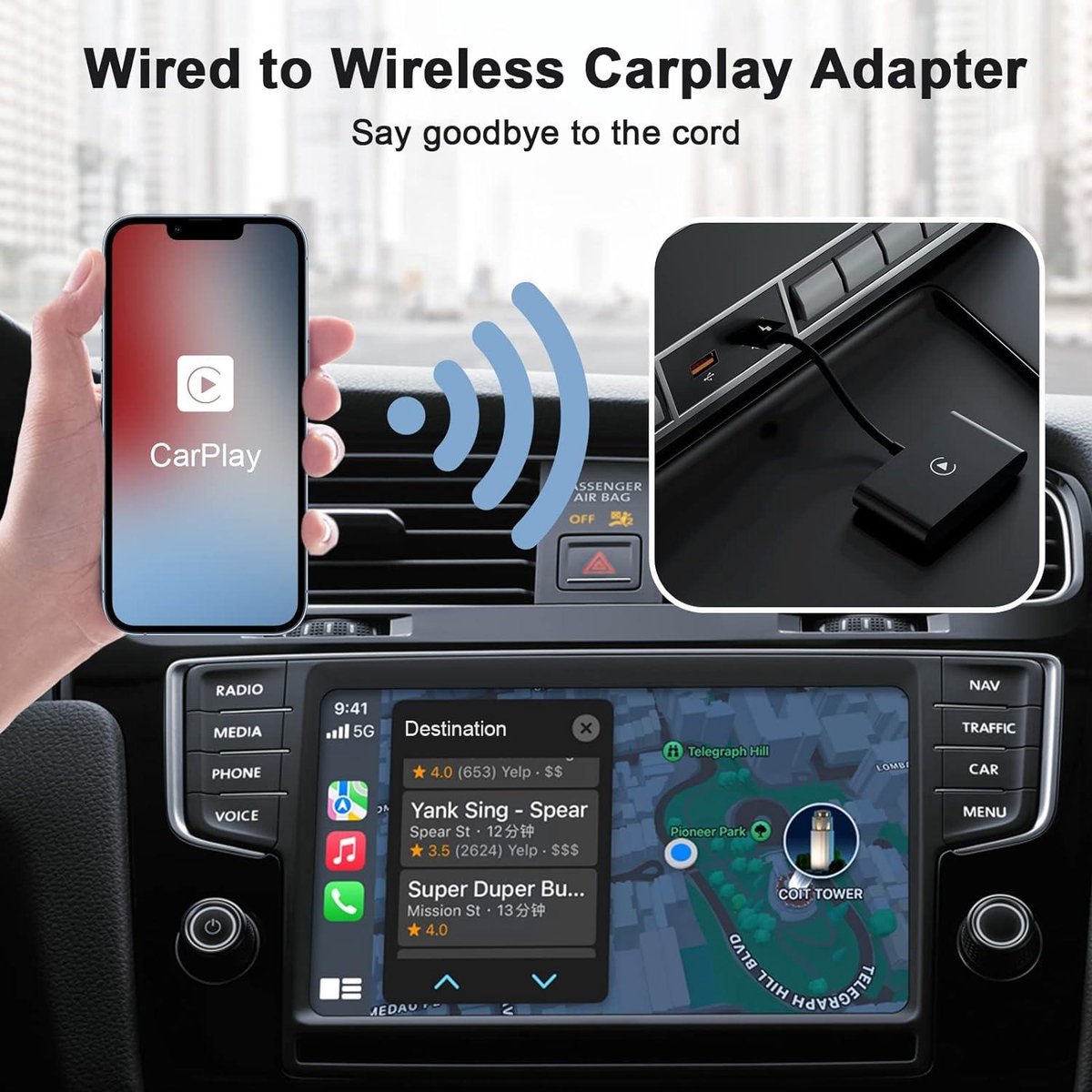 Draadloze CarPlay Adapter voor iPhone – 5GHz WiFi & Bluetooth – Automatische Verbinding, Plug & Play Wireless Apple CarPlay Dongle – Geschikt voor Auto’s vanaf 2017 & iOS 10 of hoger – Snel, Compact & Stabiel – Voor Navigatie, Muziek & Spraakbesturing