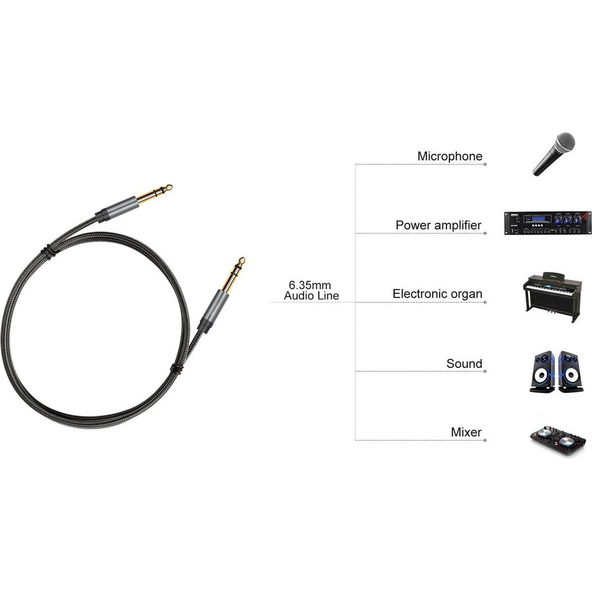 1 Meter - Hoogwaardige Aux Kabel - 6.3mm naar 6.3mm Audiokabel - 6.3 mm Jack kabel - Audio Jack - Instrumentkabel - Stereo - Connector - Nylon Gevlochten - Geluidsbescherming - voor Versterker Gitaar, Basgitaar, Toetseninstrument - Grijs
