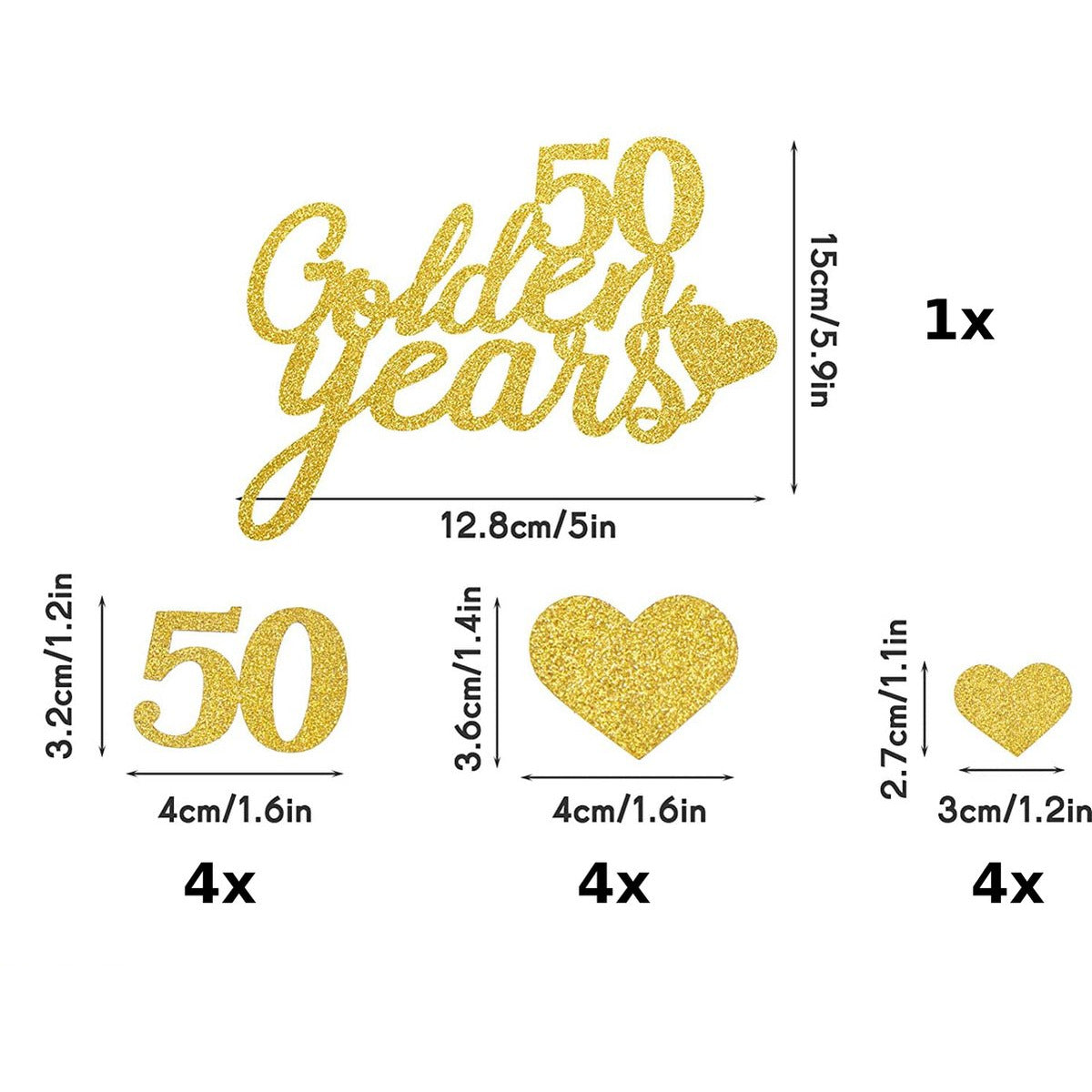 13-Delige - 50 Golden Years Taarttopper Set - 50e Verjaardag & Bruiloft Jubileum Decoratie - Goud Glitter Design - Taart Decoratie ~Topper - Papier - Herbruikbaar