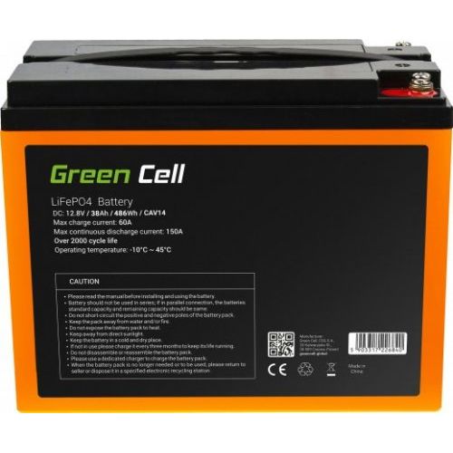 Green Cell LiFePO4 Accu 12.8V 38Ah met 8A Lader - Lithium IJzer Fosfaat Batterij voor Camper Boot Zonnepaneel Elektrische Voertuigen en Solar Installaties - Lichtgewicht Deep Cycle Accu met BMS Systeem