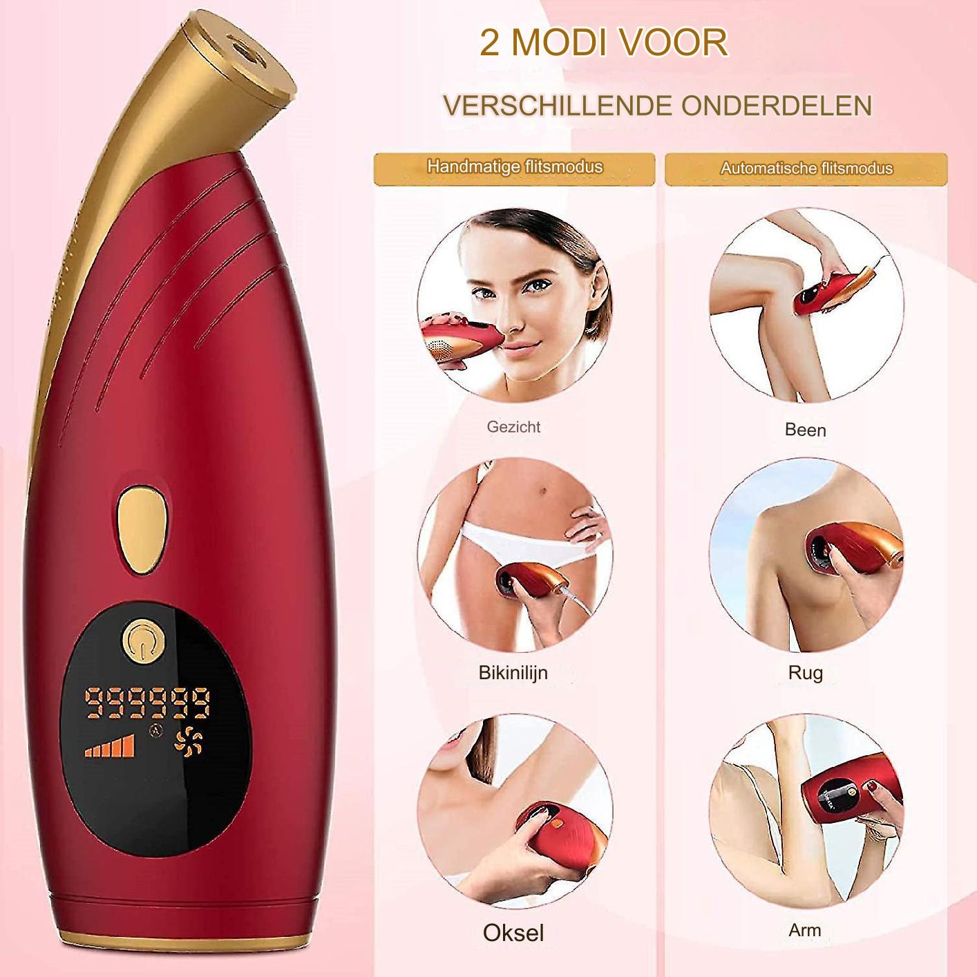 IPL Laser Ontharingsapparaat - 5 Niveau's - Permanente & Pijnloze Haarverwijdering - 999,999 Flitsen - 5 Energie Levels - Rood - Geschikt voor Gehele Lichaam