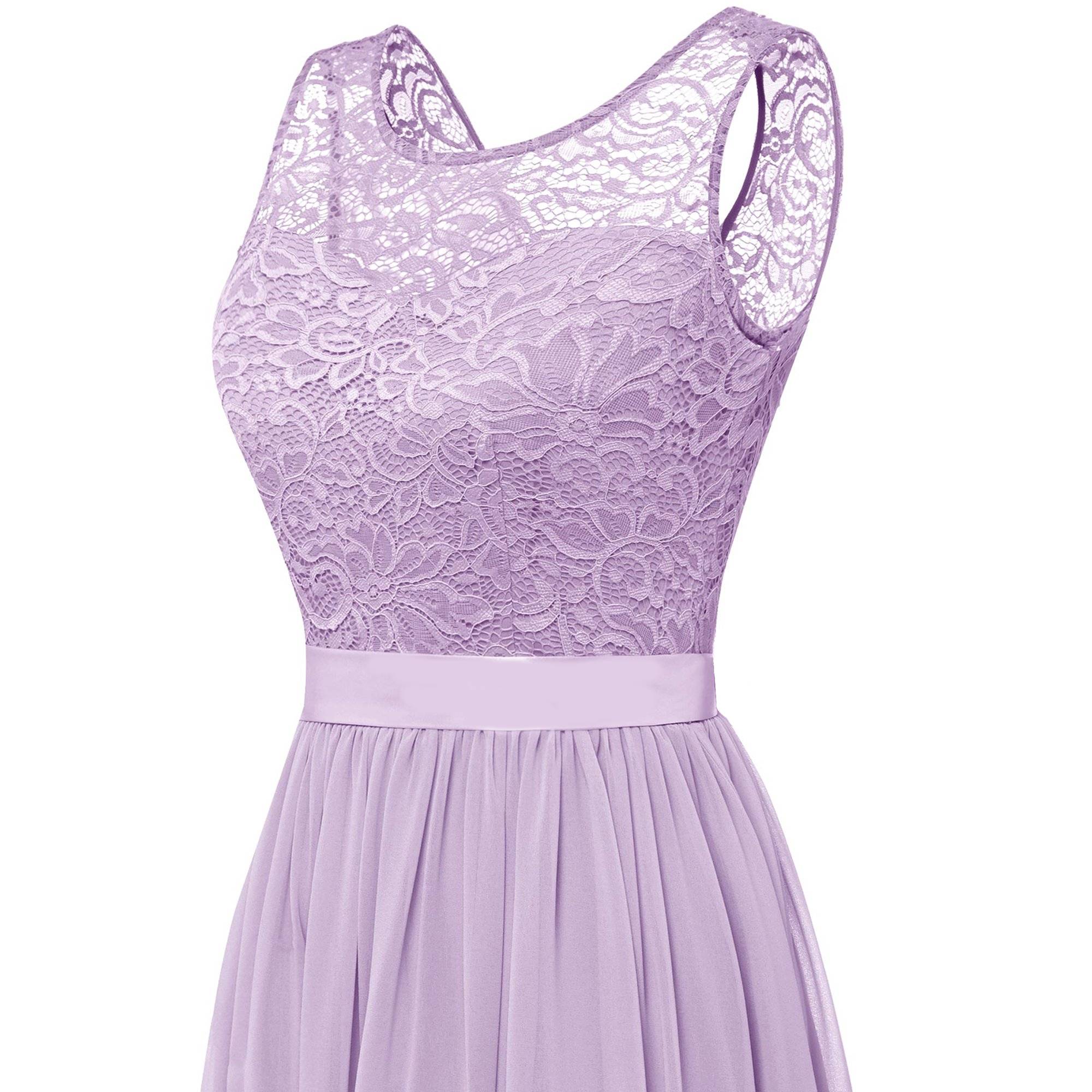 Lange Mouwloze Damesjurk met Kant en Chiffon - Bloemenkant Bovenstuk - Maxi Jurk met Satijnen Strik - Formele Avondjurk voor Bruiloft, Feest of Gala - Vloerlengte - Elegant & Comfortabel - Lavender