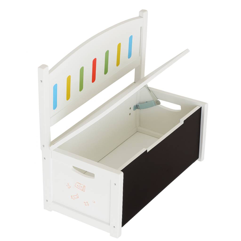 Spielmaus Houten 3-in-1 Kinderbank – Zitbank met Opbergruimte en Schoolbord – Speelbank voor Kinderen – Inclusief Krijt en Spons – Wit – 60x31,6x55,6 cm – Max. Draagvermogen 50 kg