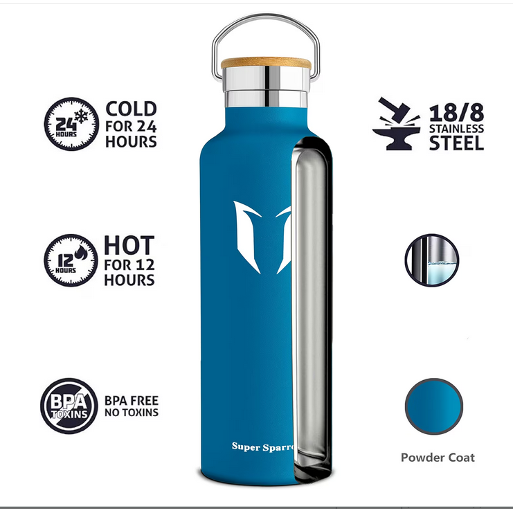 Super Sparrow 750ml of 1000 ml Dubbelwandige RVS Waterfles - Inclusief Sportdop & Karabijnhaak - BPA-Vrij - Isolerend Ontwerp voor Warme & Koude Dranken