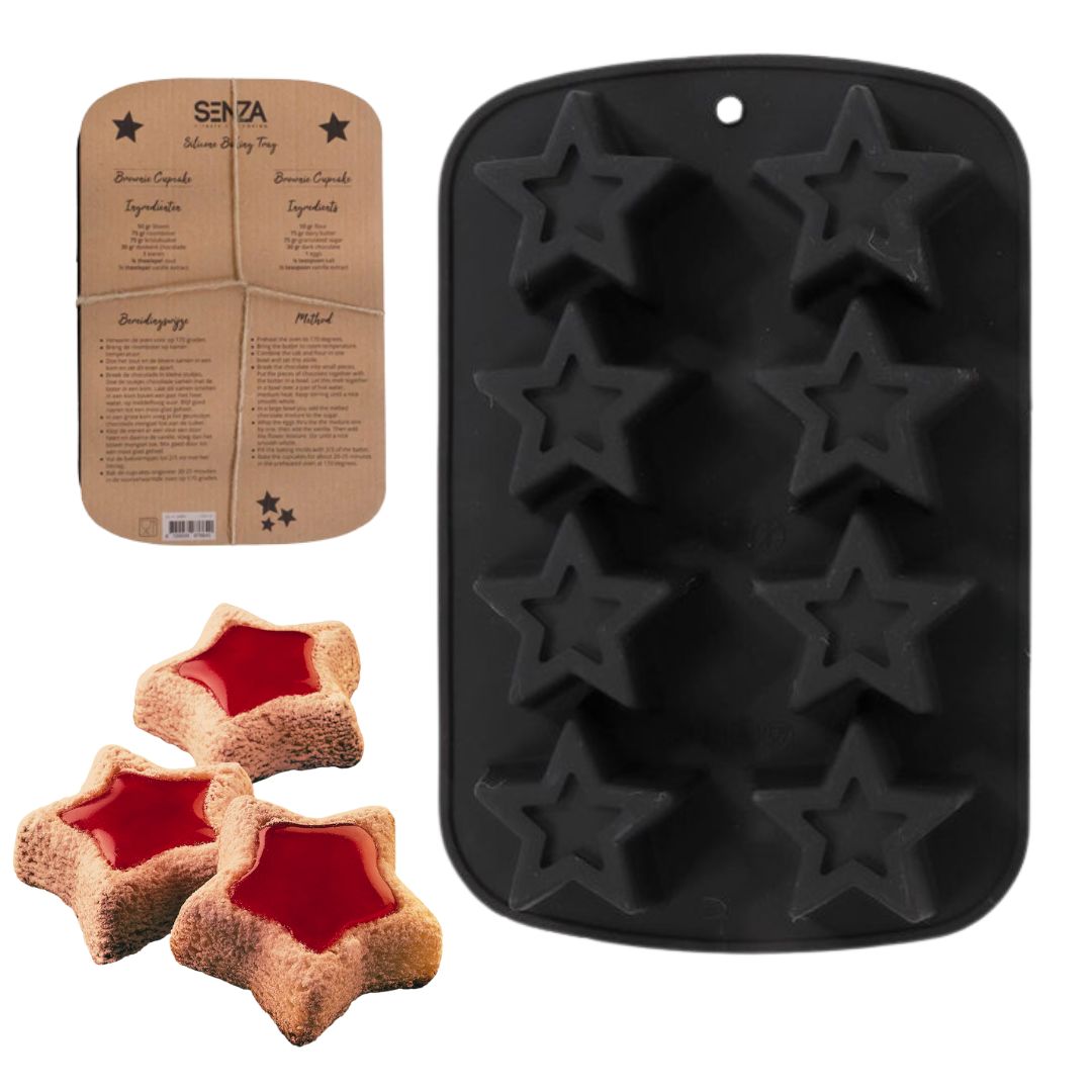 SENZA Siliconen Bakvorm - Kerst Koekjes Vorm – 8 Stervormige Vormen – Flexibele Muffinvorm , Cupcake Vorm , Chocolade Mal - Quiche Vorm - Linzer Koekjes Vorm  - Voor Cakejes En Gebak