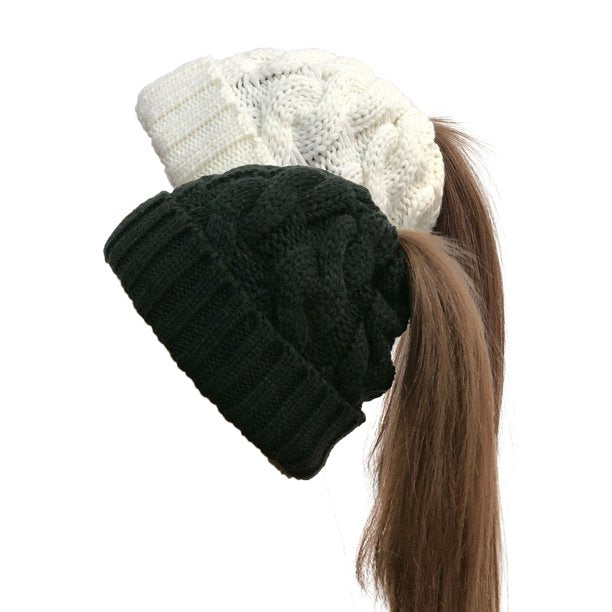 Gebreide Damesmutsen met Uitsparing - Wintermuts voor Dames met Uitsparing voor Paardenstaart, Solide Kleur, Elastisch, Anti-slip, Warm, Koudebestendig, Oorbescherming Twist - Zwart