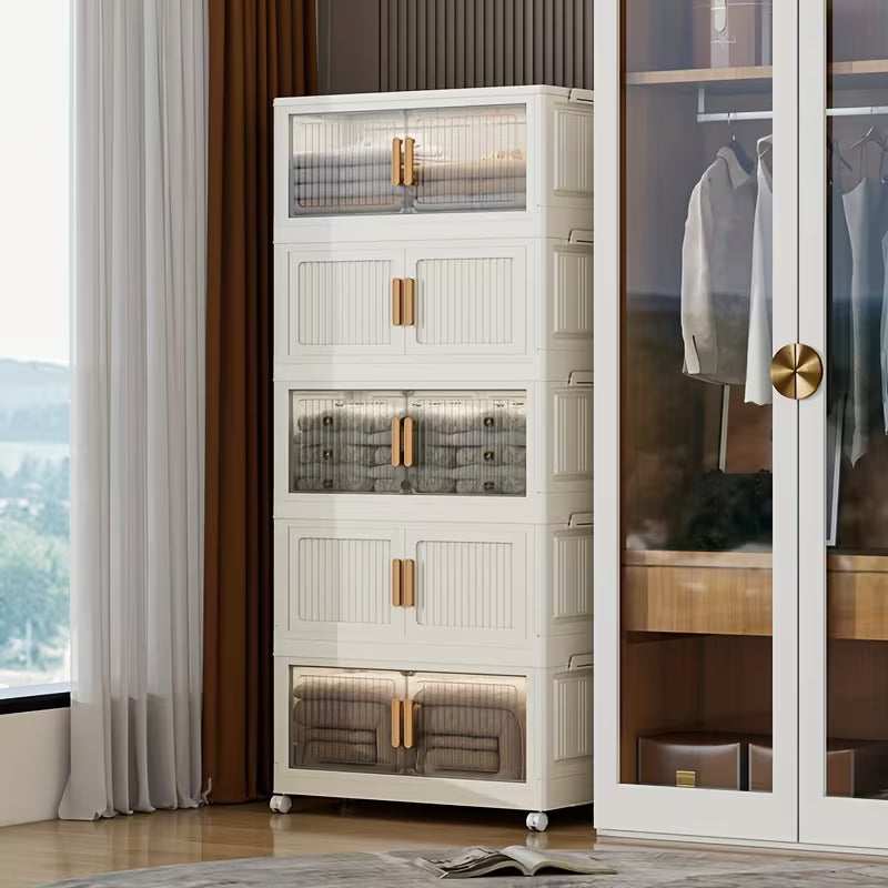 Opvouwbare opbergkast met 5 lagen – 110 cm hoog – verrijdbare plastic kast met dubbele deuren en wielen – 45 x 27 cm – ruimtebesparend opbergsysteem – inklapbare multifunctionele kast – ideaal voor speelgoed, boeken en huishoudartikelen