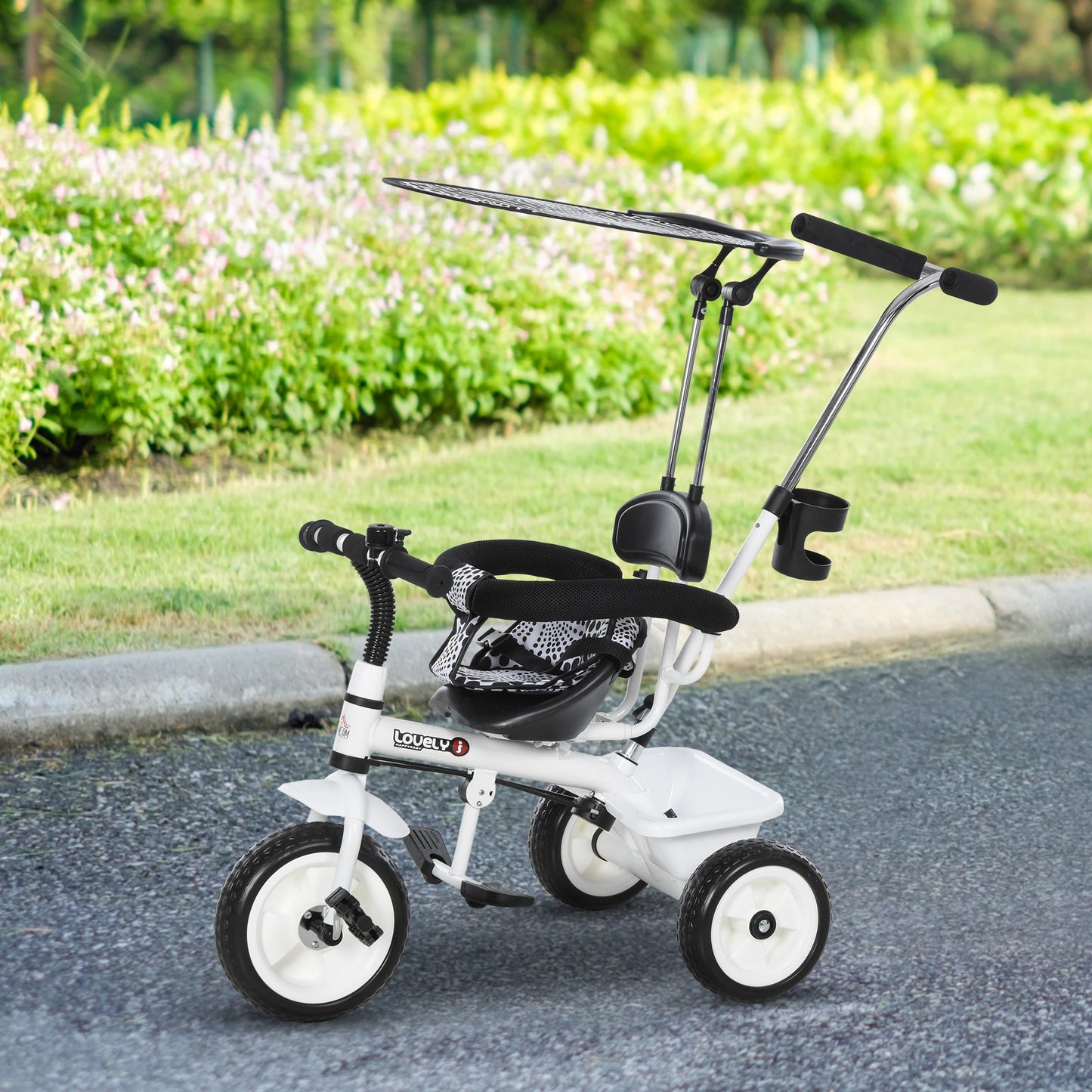 Kinder Driewieler – Met Duwstang – 3 Wielen – Met Bel en Zonnescherm – Verstelbare Ouderhandgreep – Met Opslagmand – Geschikt vanaf 18 Maanden – Stevig Metalen Frame – Max. 25 kg – Wit/Zwart