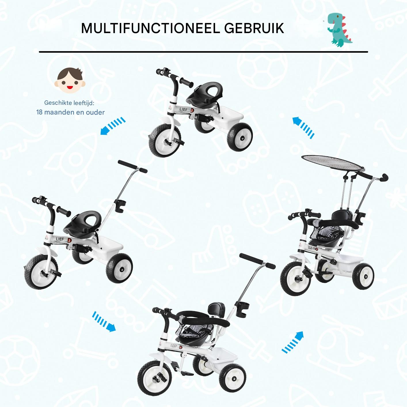 Kinder Driewieler – Met Duwstang – 3 Wielen – Met Bel en Zonnescherm – Verstelbare Ouderhandgreep – Met Opslagmand – Geschikt vanaf 18 Maanden – Stevig Metalen Frame – Max. 25 kg – Wit/Zwart