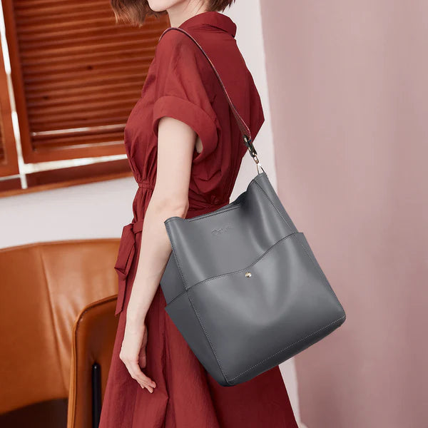 Bostanten - Luxe Dames Leren Handtas en Schoudertas in Donkergrijs - Stijlvolle Tote met Hoogwaardige Lichtgouden Hardware, Inclusief Veilige Magnetische Gesp en Praktisch Afneembaar Binnentasje, Perfect voor Dagelijks Gebruik en Speciale Gelegenheden