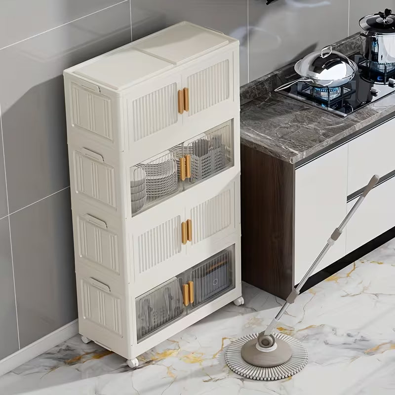 Opvouwbare opbergkast met 5 lagen – 110 cm hoog – verrijdbare plastic kast met dubbele deuren en wielen – 45 x 27 cm – ruimtebesparend opbergsysteem – inklapbare multifunctionele kast – ideaal voor speelgoed, boeken en huishoudartikelen