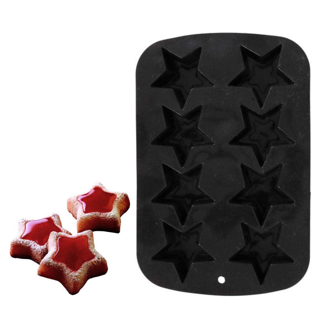 SENZA Siliconen Bakvorm - Kerst Koekjes Vorm – 8 Stervormige Vormen – Flexibele Muffinvorm , Cupcake Vorm , Chocolade Mal - Quiche Vorm - Linzer Koekjes Vorm  - Voor Cakejes En Gebak