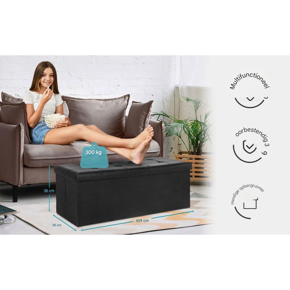 Opvouwbare Opberg Ottoman Bank – 110 cm Kunstleer Voetenbank met Opbergruimte en Gewatteerde Zitting – Draagbare Opbergbank tot 300 kg – Zwart – Voor Woonkamer, Slaapkamer of Hal