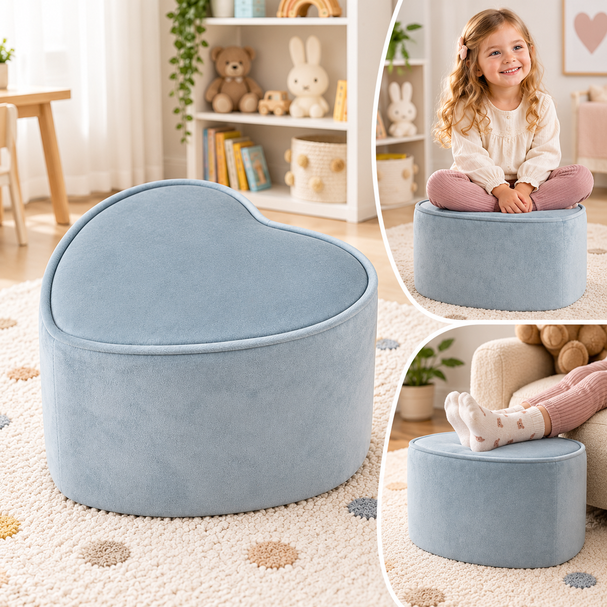 Roba - Kinderpoef - Lil Sofa Junior - Fluwelen Zitpoef - Kinderfauteuil - Kinderzitmeubel - Poef voor Kinderen - 24 cm Hoog - Blauw - Zacht en Lichtgewicht