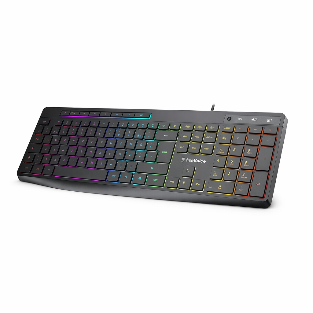 freeVoice toetsenbord met kabel – RGB verlicht USB-A keyboard – QWERTY pc toetsenbord – compacte bedrade computer keyboard – plug and play toetsenbord – verlichte toetsen – geschikt voor laptop en desktop – 442 x 200 x 29 mm