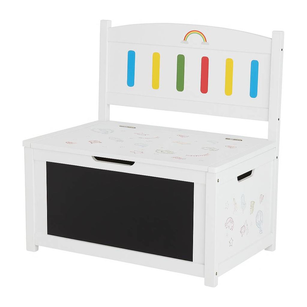 Spielmaus Houten 3-in-1 Kinderbank – Zitbank met Opbergruimte en Schoolbord – Speelbank voor Kinderen – Inclusief Krijt en Spons – Wit – 60x31,6x55,6 cm – Max. Draagvermogen 50 kg