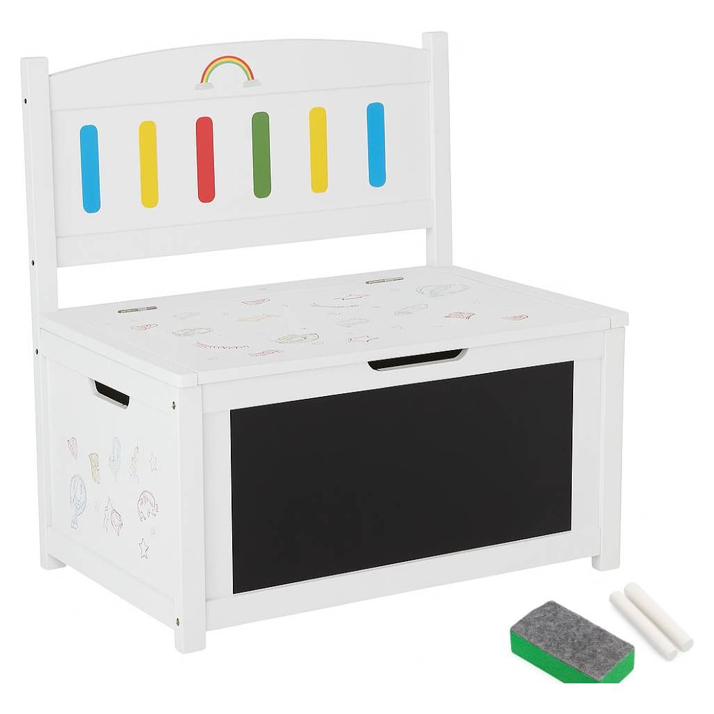 Spielmaus Houten 3-in-1 Kinderbank – Zitbank met Opbergruimte en Schoolbord – Speelbank voor Kinderen – Inclusief Krijt en Spons – Wit – 60x31,6x55,6 cm – Max. Draagvermogen 50 kg