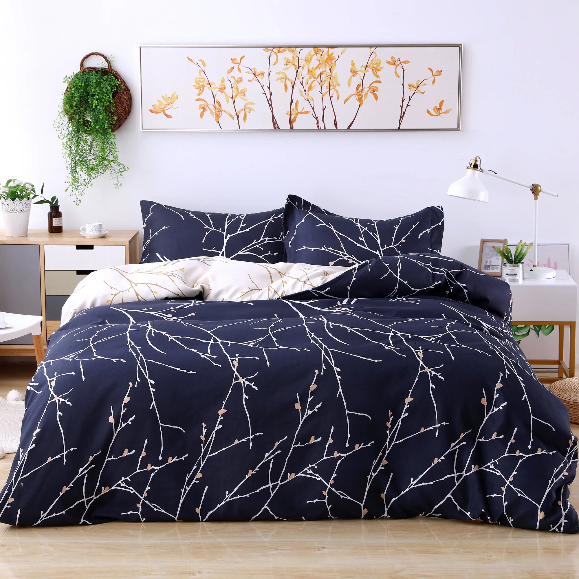 3 Stuks -luxe Bedsure King-Size Dekbedovertrek met Boomtakmotief - Botanische Grijze/Blawe Beddenset met Ritssluiting, Set Inclusief Omkeerbaar Dekbedovertrek 104