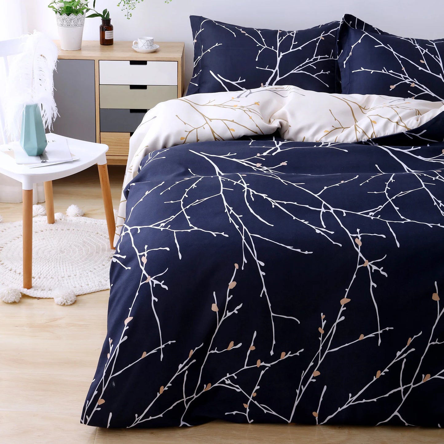 3 Stuks -luxe Bedsure King-Size Dekbedovertrek met Boomtakmotief - Botanische Grijze/Blawe Beddenset met Ritssluiting, Set Inclusief Omkeerbaar Dekbedovertrek 104"x90" en 2 Kussenslopen 20"x36