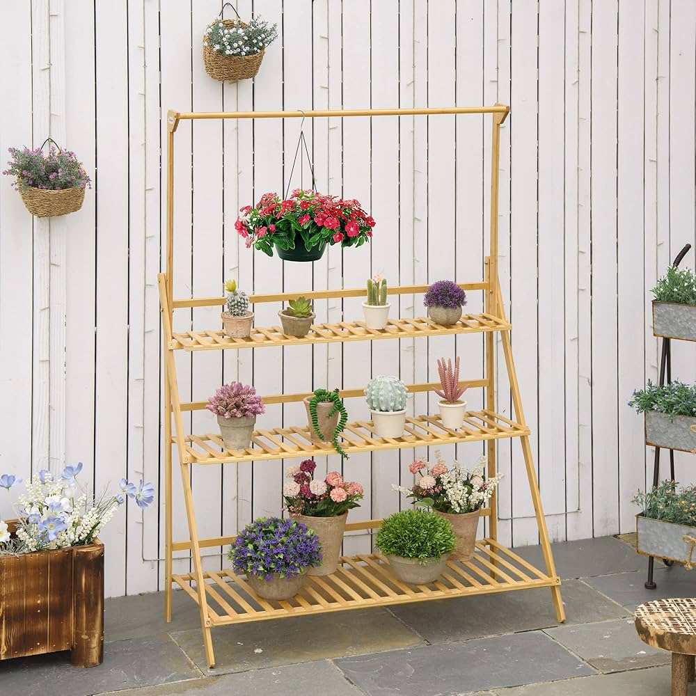 Bamboe Plantenrek – 3-Laags Opvouwbare Plantenstandaard – Plantentrap met Ophangrek – Bloementrap voor Binnen & Buiten – Houten Plantenhouder – Decoratief Bloemenrek – 100 x 40 x 96 cm – Inclusief Tuingereedschap & Haken – Ruimtebesparend & Stevig