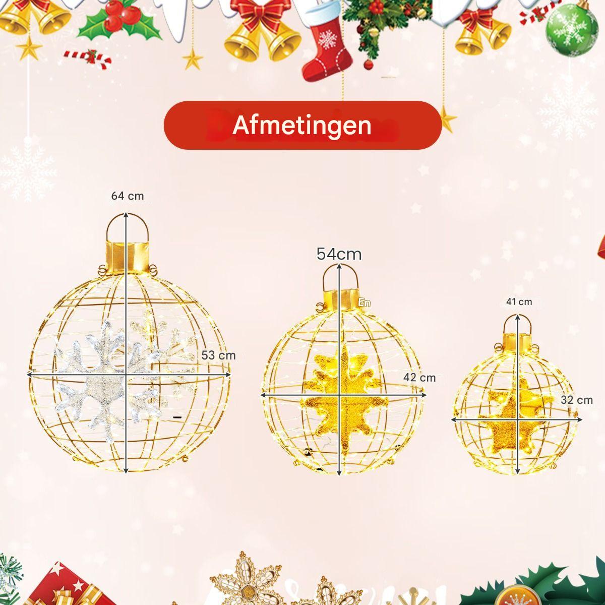 Set van 3 Voorverlichte Lantaarnballen - Hangende Kerstdecoratie met 732 Heldere LED-Lampjes - Goud - Waterdicht Ontwerp - Voor Binnen en Buiten - Inclusief Haken, Kabelbinders en Grondpennen