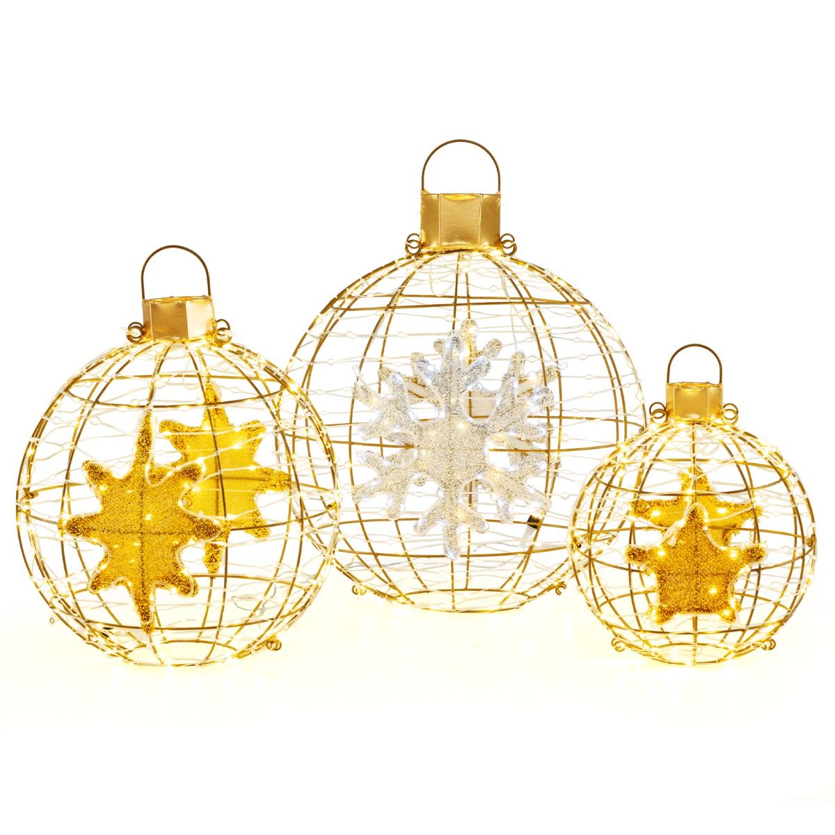 Set van 3 Voorverlichte Lantaarnballen - Hangende Kerstdecoratie met 732 Heldere LED-Lampjes - Goud - Waterdicht Ontwerp - Voor Binnen en Buiten - Inclusief Haken, Kabelbinders en Grondpennen