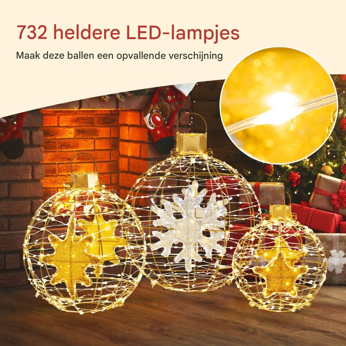 Set van 3 Voorverlichte Lantaarnballen - Hangende Kerstdecoratie met 732 Heldere LED-Lampjes - Goud - Waterdicht Ontwerp - Voor Binnen en Buiten - Inclusief Haken, Kabelbinders en Grondpennen