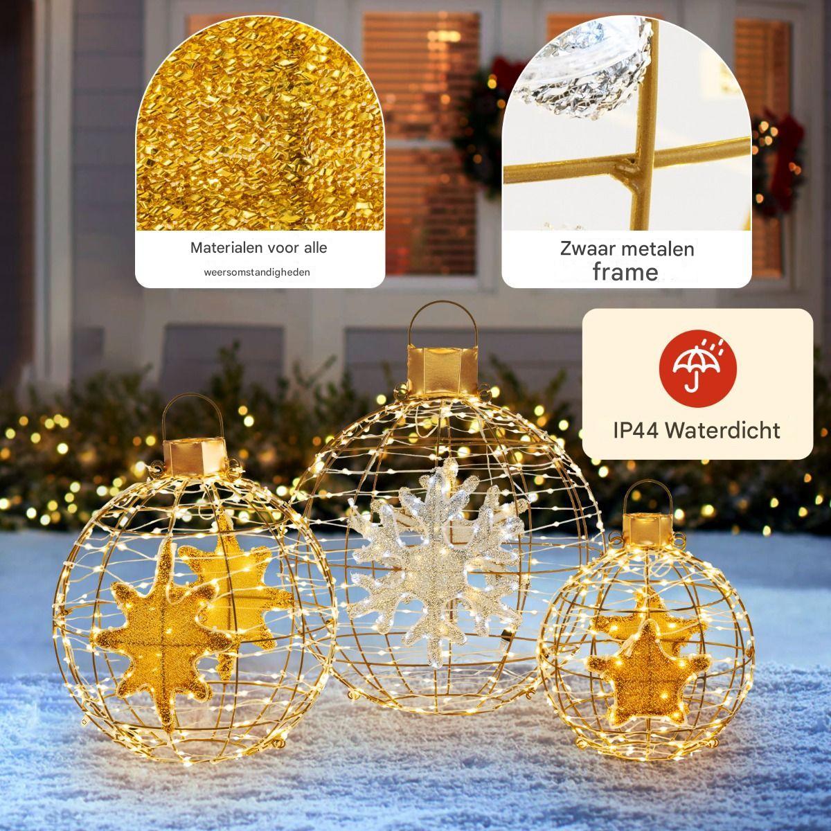 Set van 3 Voorverlichte Lantaarnballen - Hangende Kerstdecoratie met 732 Heldere LED-Lampjes - Goud - Waterdicht Ontwerp - Voor Binnen en Buiten - Inclusief Haken, Kabelbinders en Grondpennen