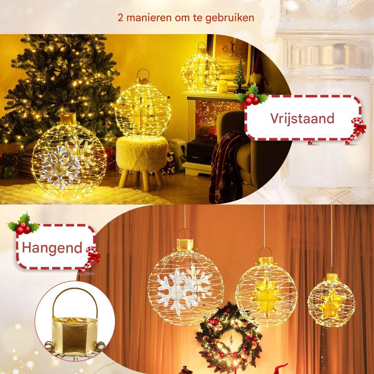 Set van 3 Voorverlichte Lantaarnballen - Hangende Kerstdecoratie met 732 Heldere LED-Lampjes - Goud - Waterdicht Ontwerp - Voor Binnen en Buiten - Inclusief Haken, Kabelbinders en Grondpennen
