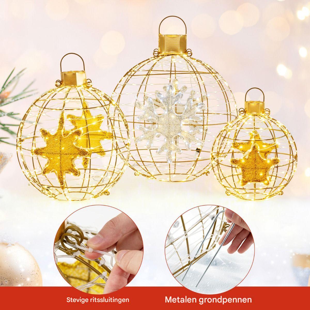 Set van 3 Voorverlichte Lantaarnballen - Hangende Kerstdecoratie met 732 Heldere LED-Lampjes - Goud - Waterdicht Ontwerp - Voor Binnen en Buiten - Inclusief Haken, Kabelbinders en Grondpennen