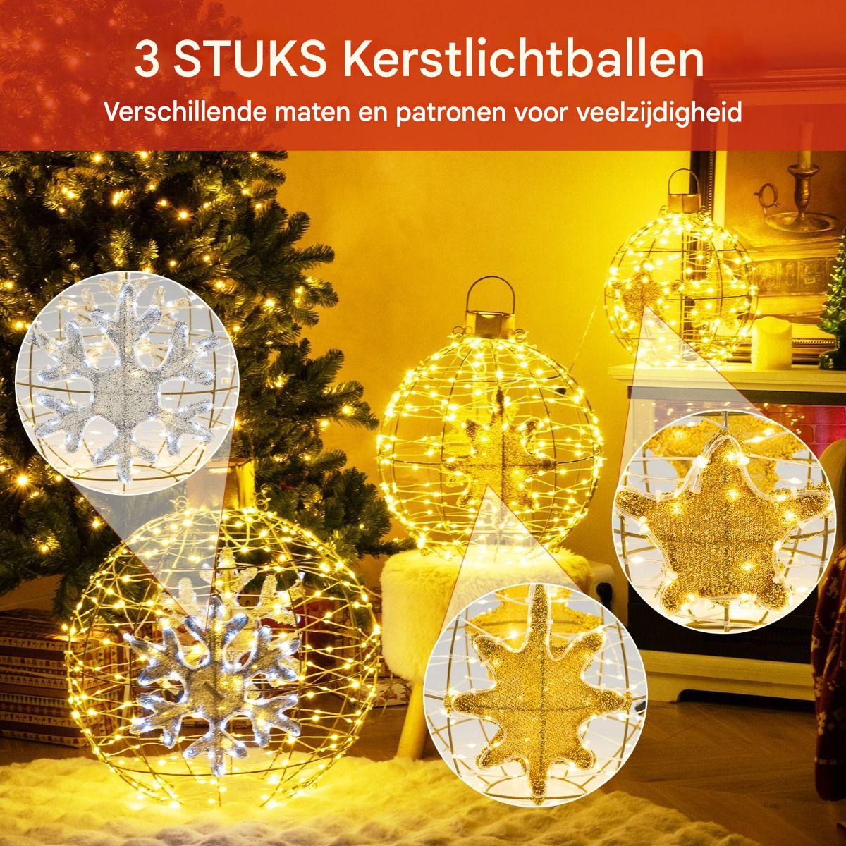 Set van 3 Voorverlichte Lantaarnballen - Hangende Kerstdecoratie met 732 Heldere LED-Lampjes - Goud - Waterdicht Ontwerp - Voor Binnen en Buiten - Inclusief Haken, Kabelbinders en Grondpennen